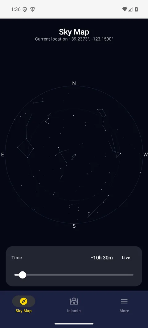 AstroBuruj sky map showing stars, planets and constellations over the horizon
